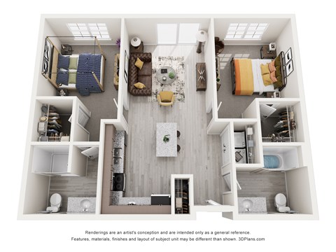 Floor plan for 2 beds, 2 baths, 998 sqft